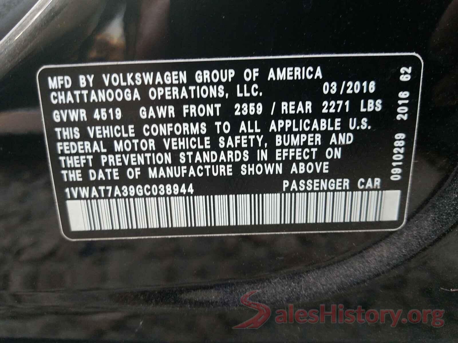 1VWAT7A39GC038944 2016 VOLKSWAGEN PASSAT