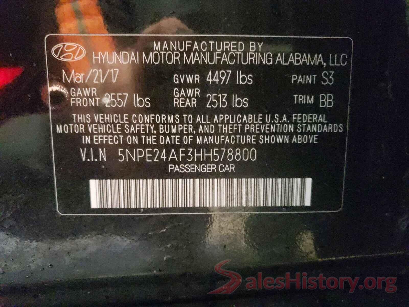 5NPE24AF3HH578800 2017 HYUNDAI SONATA