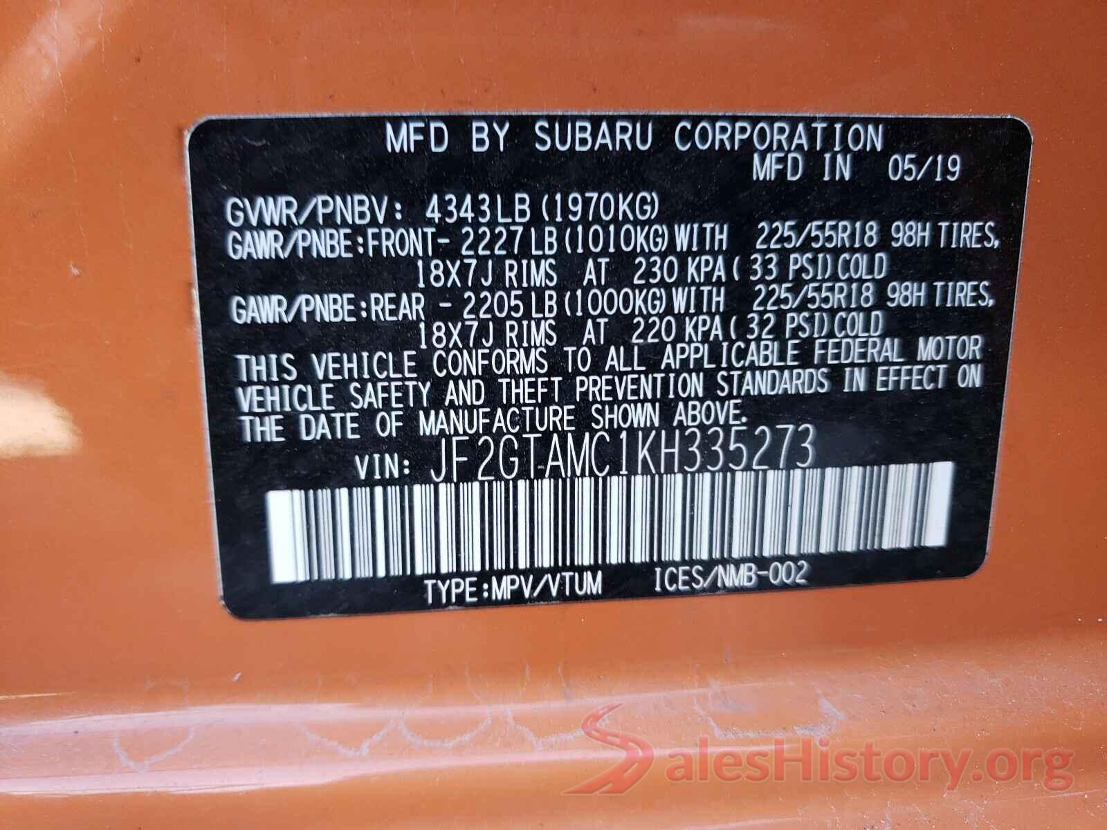 JF2GTAMC1KH335273 2019 SUBARU CROSSTREK