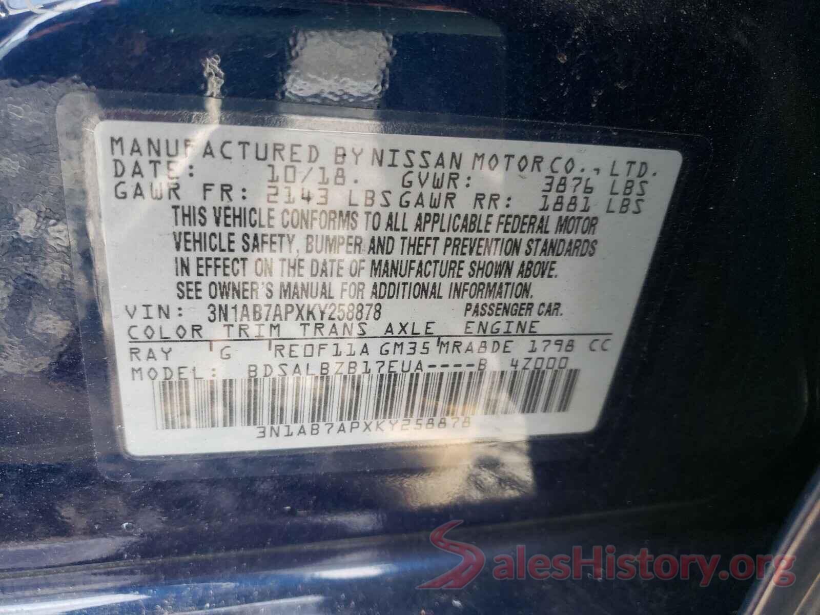 3N1AB7APXKY258878 2019 NISSAN SENTRA