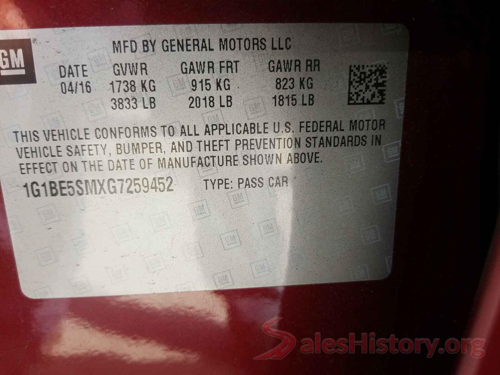 1G1BE5SMXG7259452 2016 CHEVROLET CRUZE