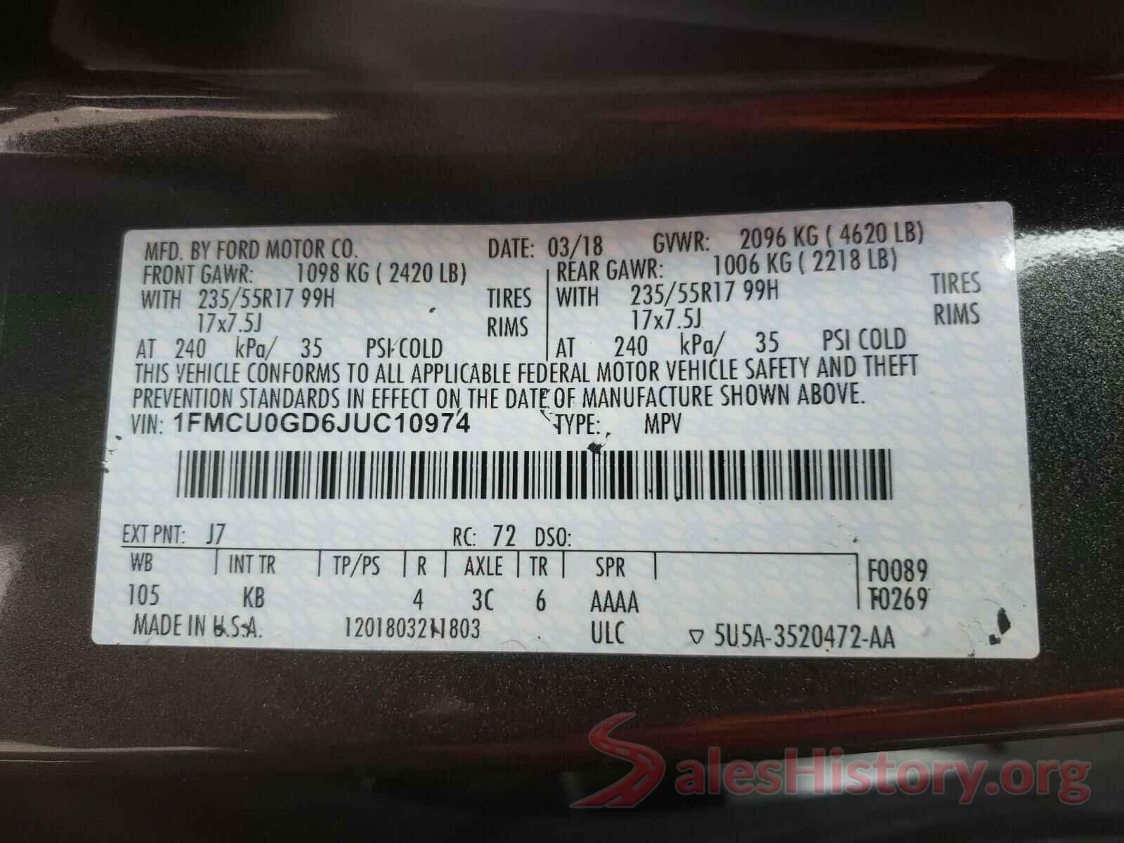 1FMCU0GD6JUC10974 2018 FORD ESCAPE