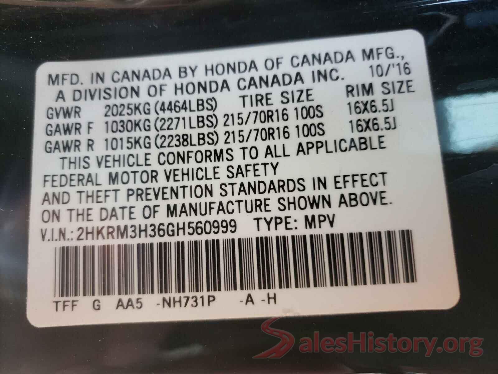 2HKRM3H36GH560999 2016 HONDA CRV