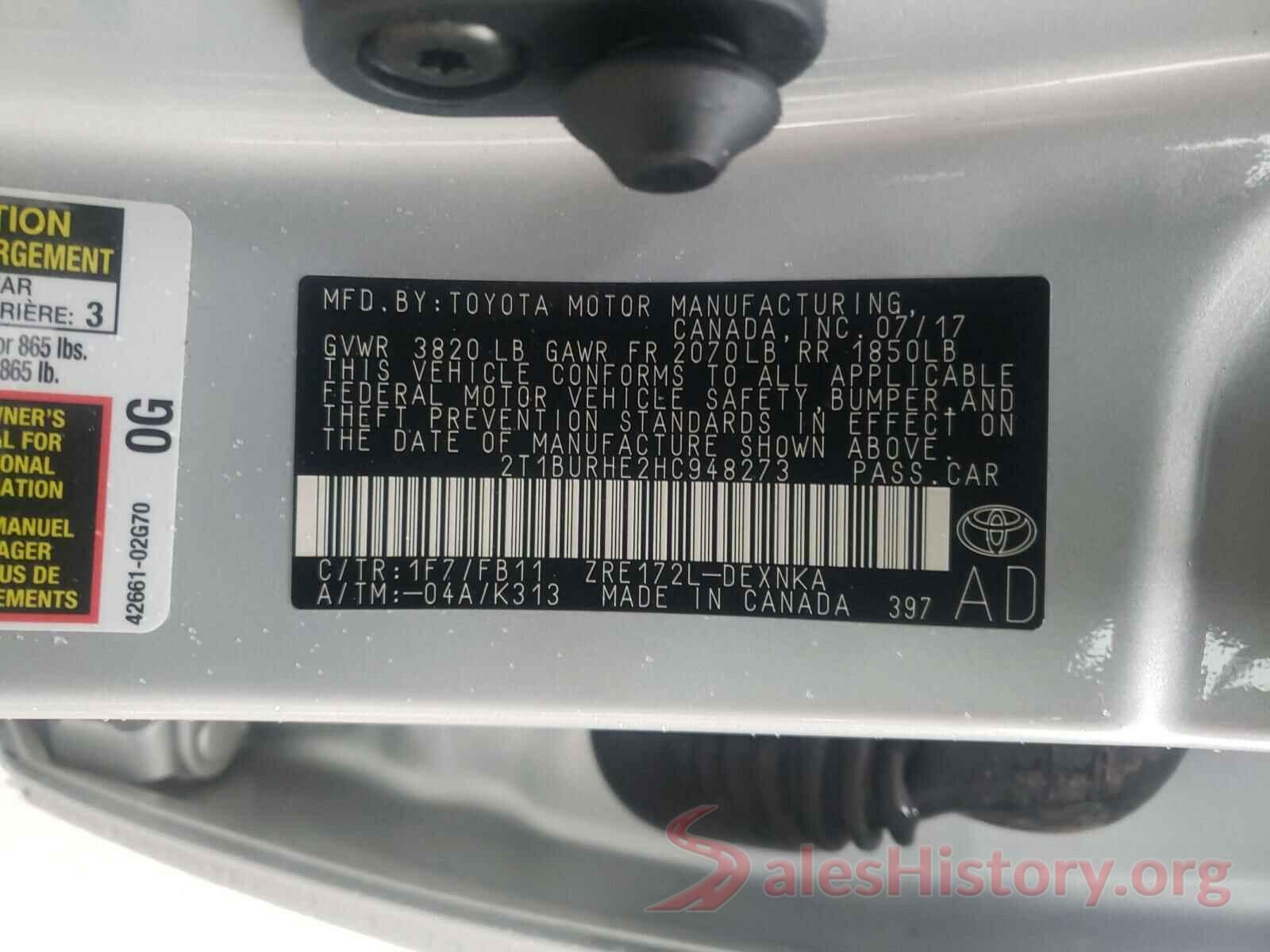 2T1BURHE2HC948273 2017 TOYOTA COROLLA