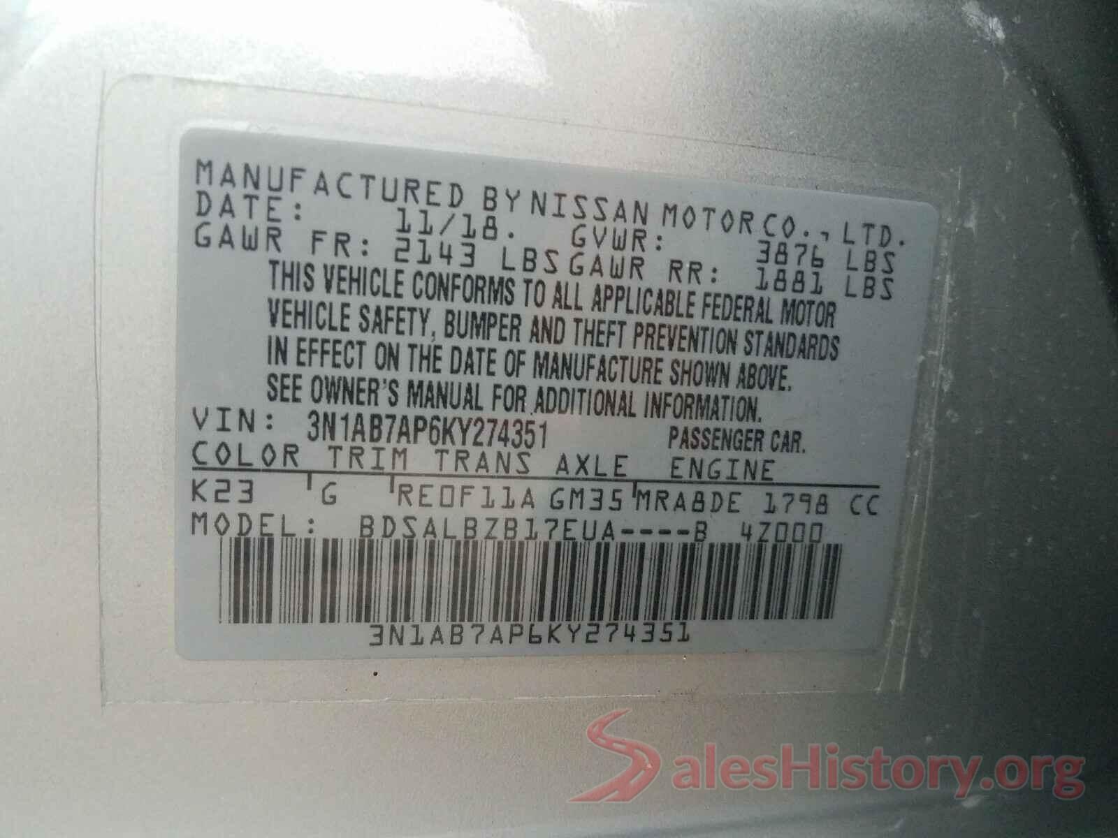 3N1AB7AP6KY274351 2019 NISSAN SENTRA