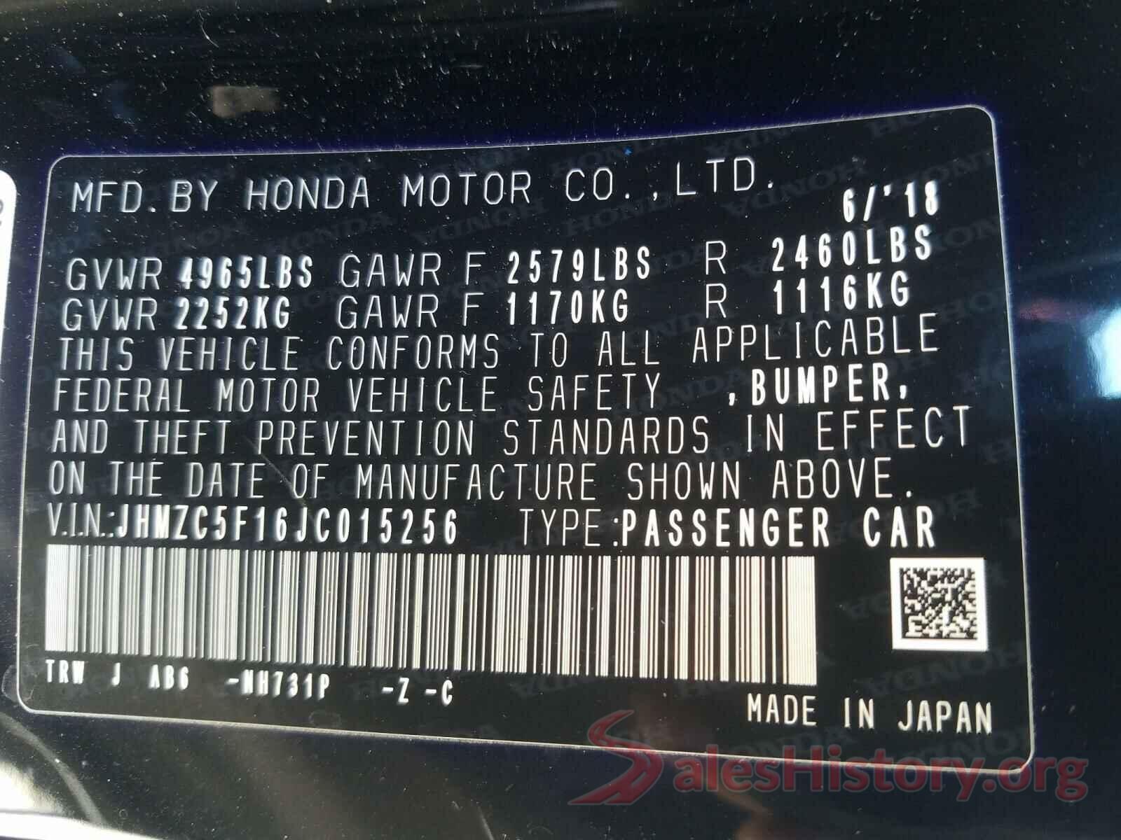 JHMZC5F16JC015256 2018 HONDA CLARITY