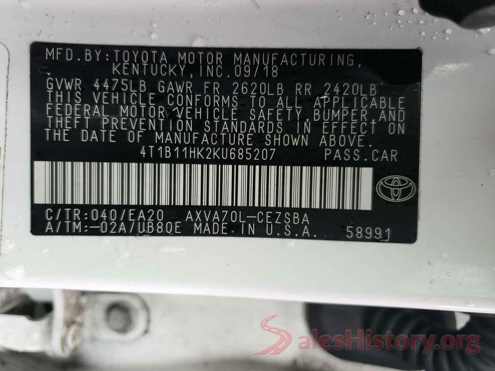 4T1B11HK2KU685207 2019 TOYOTA CAMRY