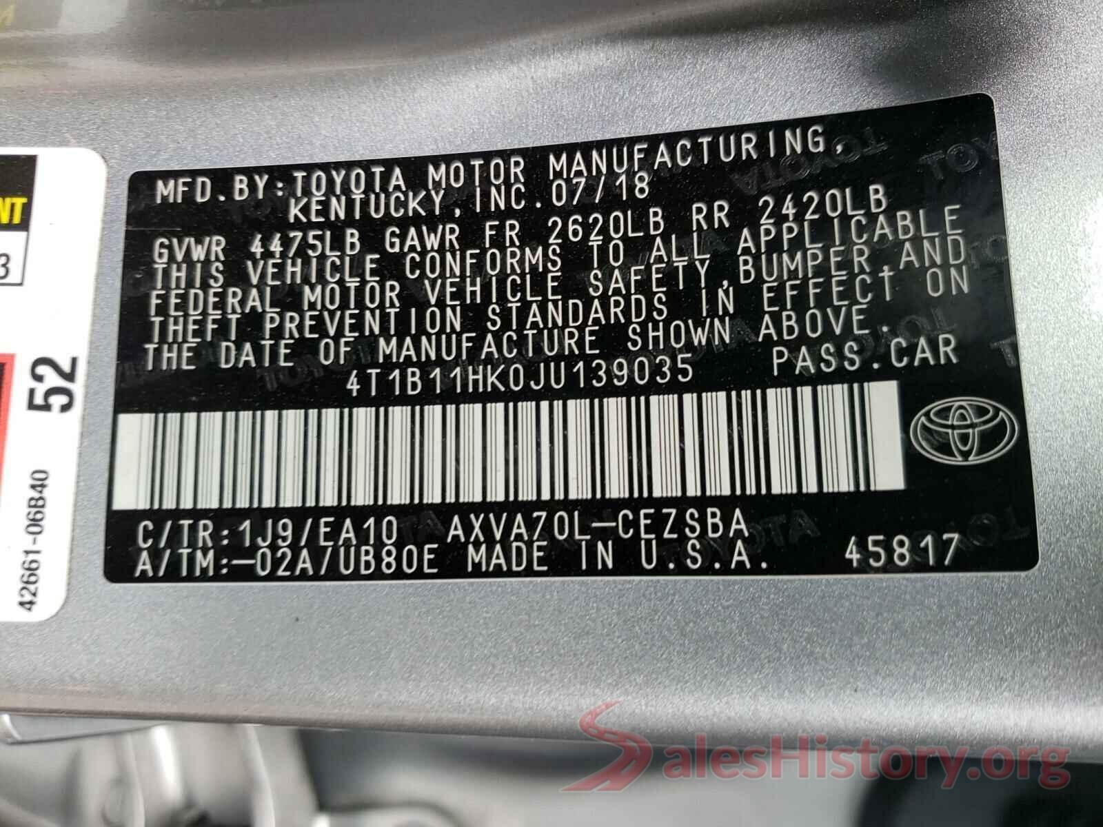 4T1B11HK0JU139035 2018 TOYOTA CAMRY