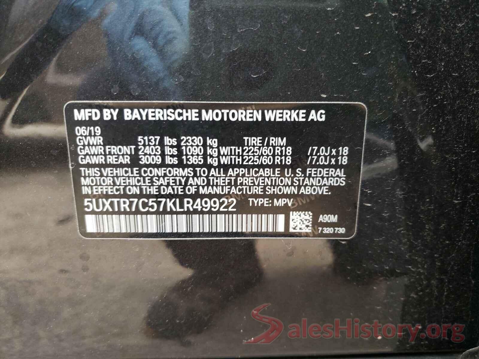 5UXTR7C57KLR49922 2019 BMW X3