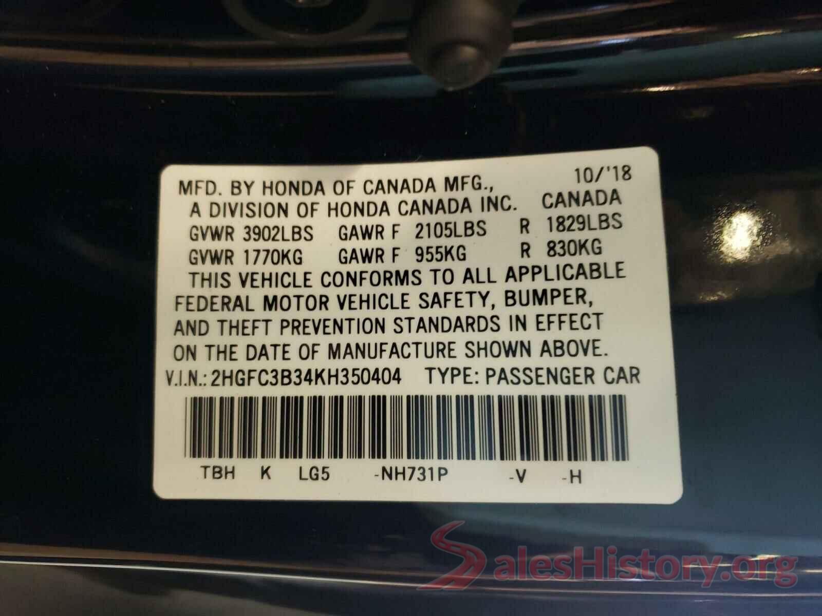 2HGFC3B34KH350404 2019 HONDA CIVIC