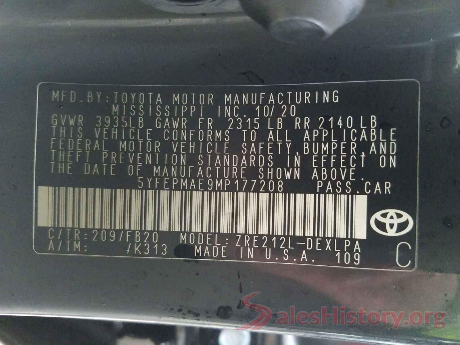 5YFEPMAE9MP177208 2021 TOYOTA COROLLA