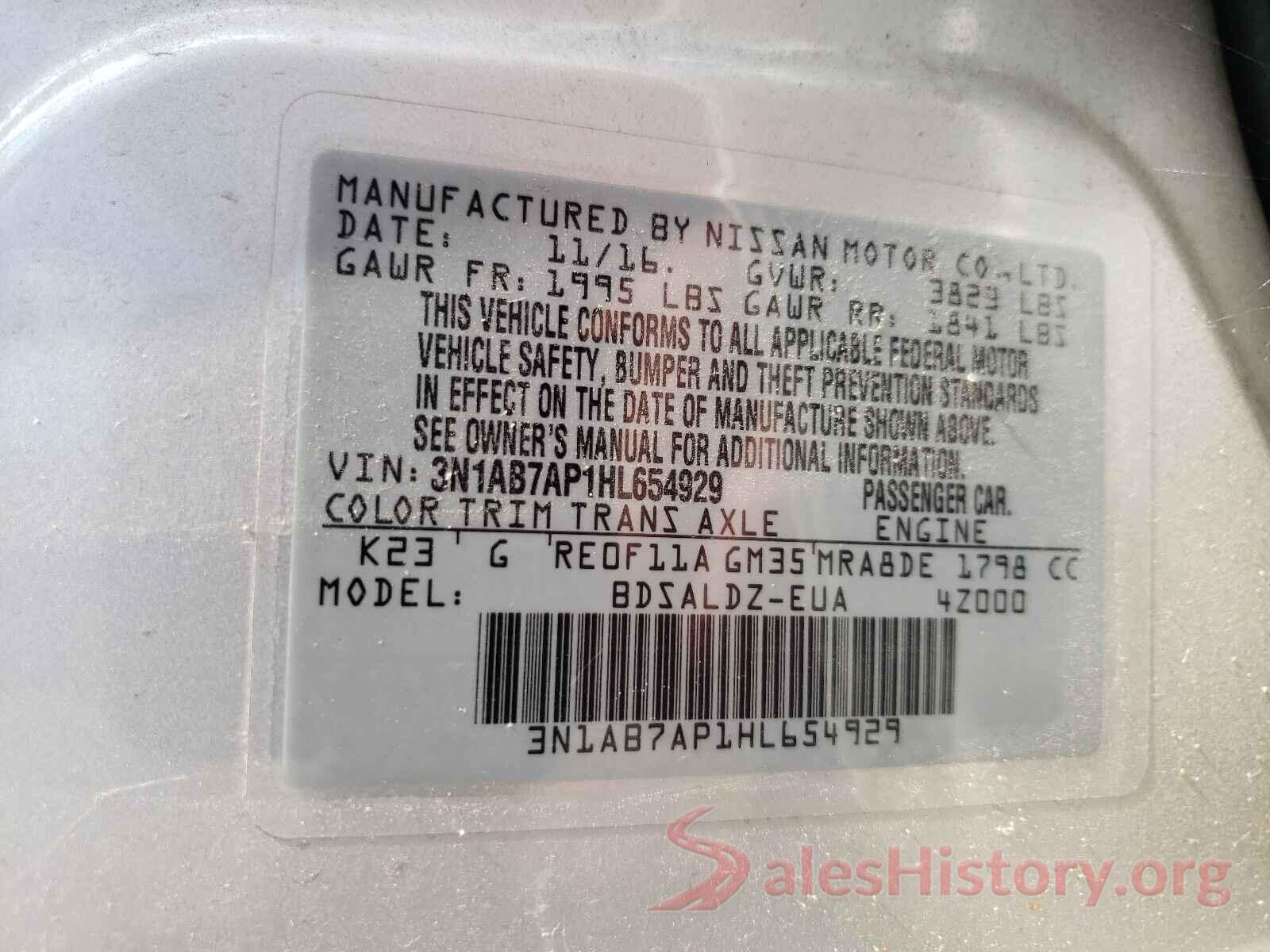 3N1AB7AP1HL654929 2017 NISSAN SENTRA