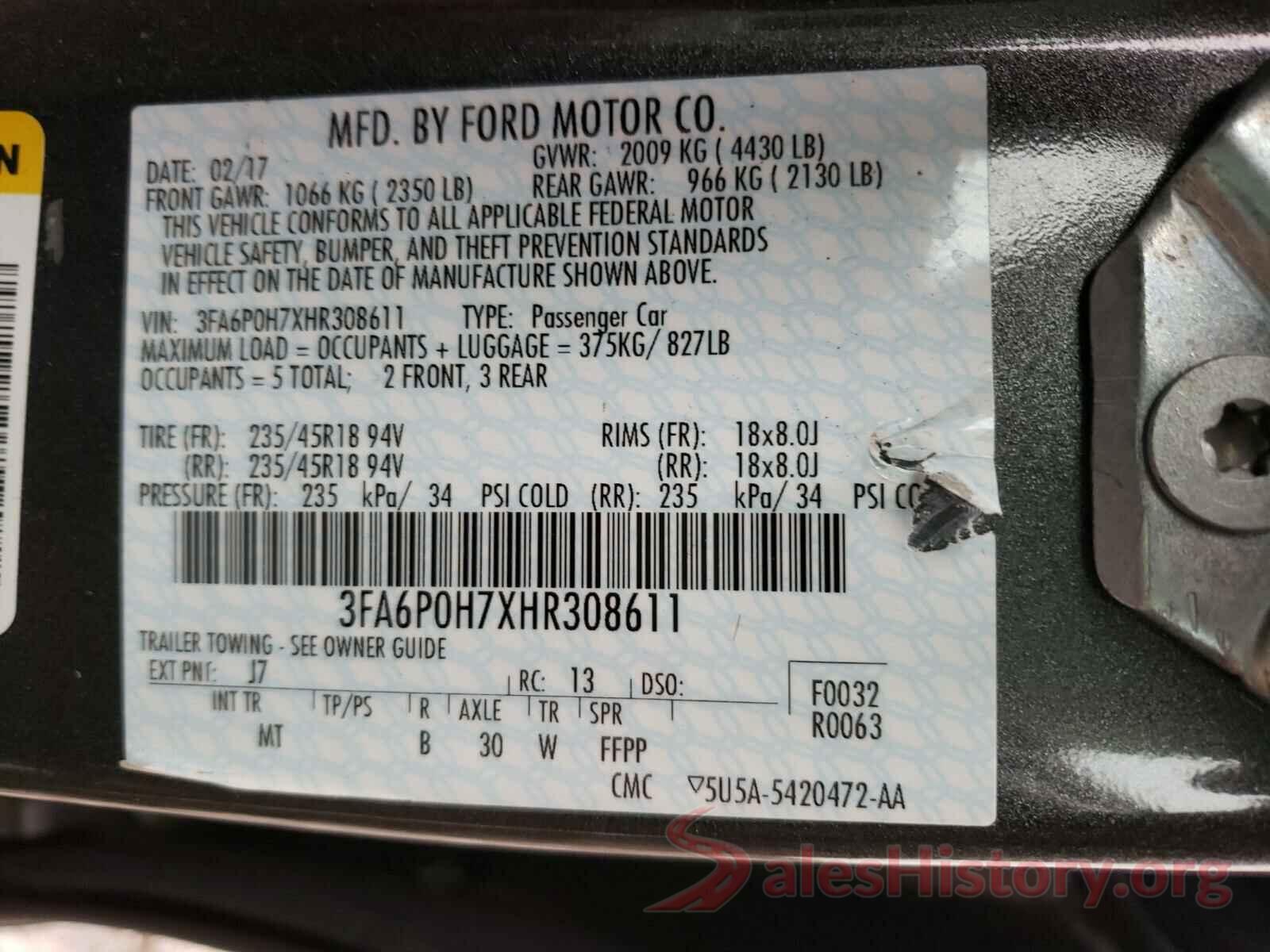 3FA6P0H7XHR308611 2017 FORD FUSION