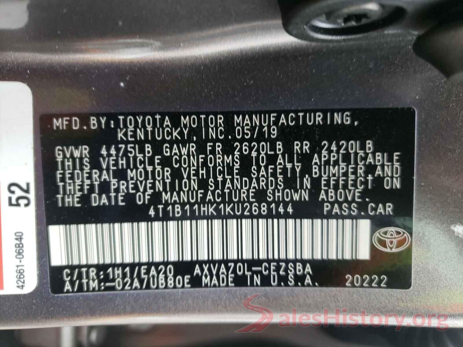 4T1B11HK1KU268144 2019 TOYOTA CAMRY