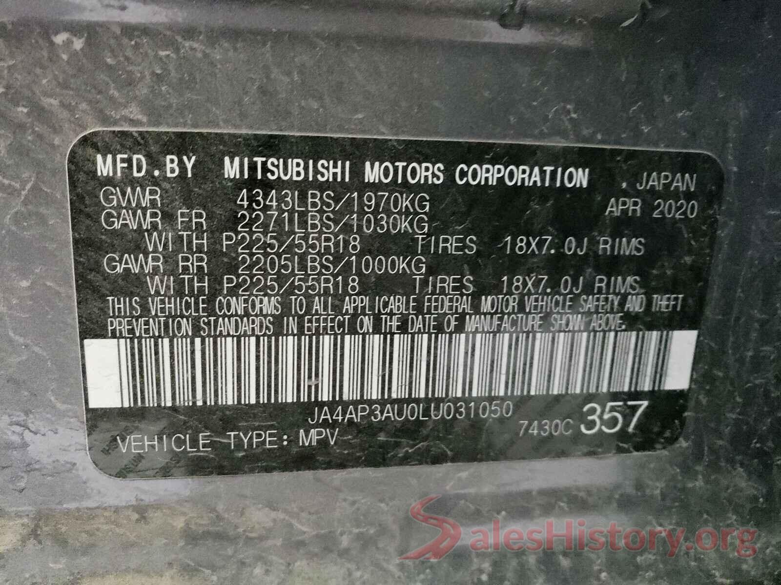 JA4AP3AU0LU031050 2020 MITSUBISHI OUTLANDER