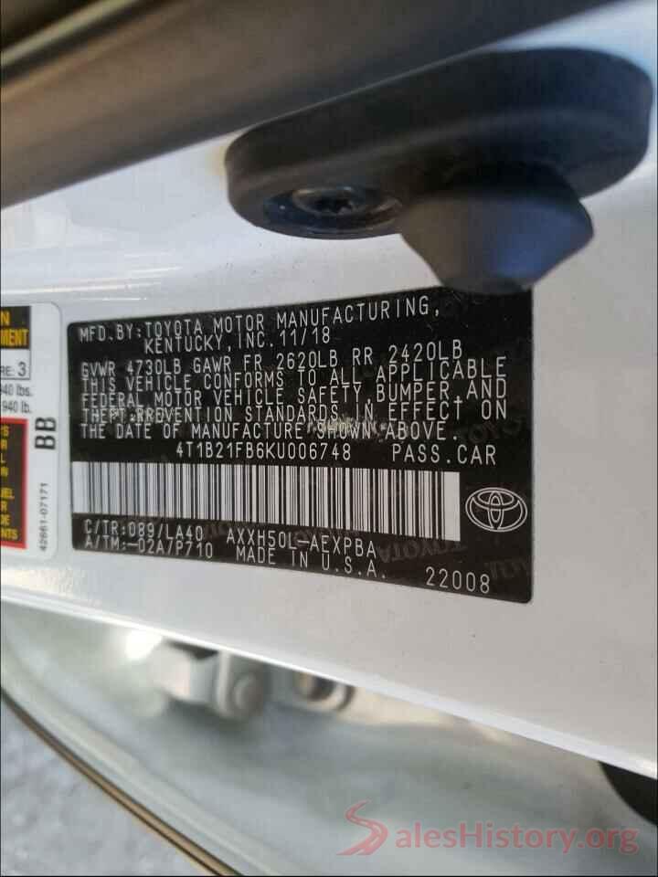 4T1B21FB6KU006748 2019 TOYOTA AVALON