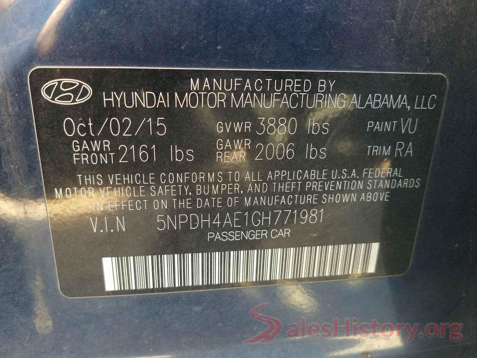 5NPDH4AE1GH771981 2016 HYUNDAI ELANTRA