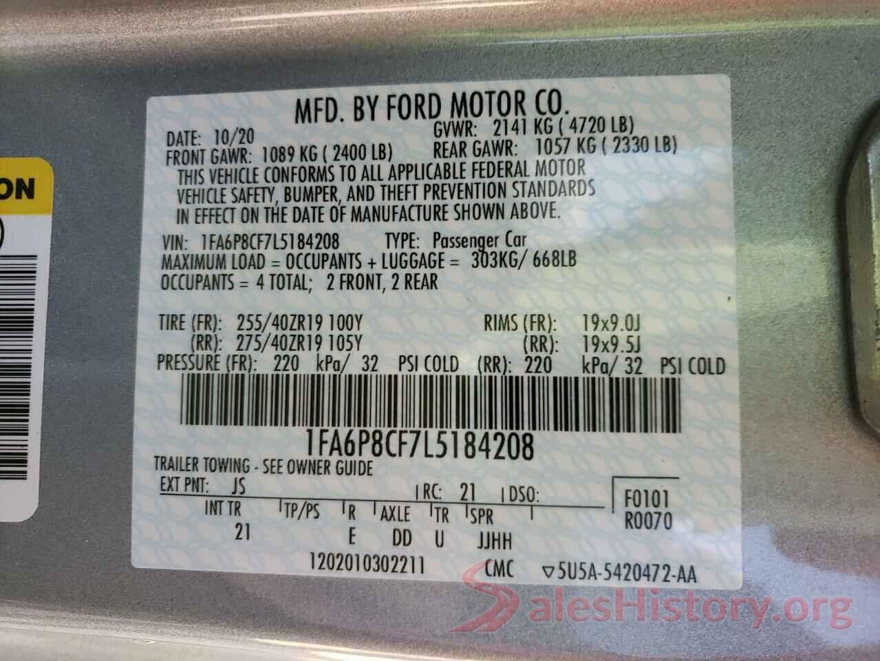 1FA6P8CF7L5184208 2020 FORD MUSTANG