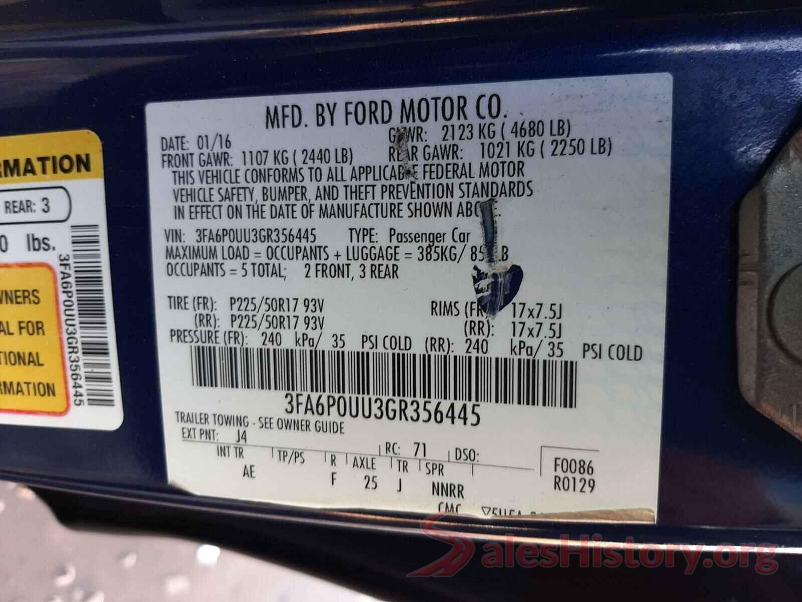 3FA6P0UU3GR356445 2016 FORD FUSION