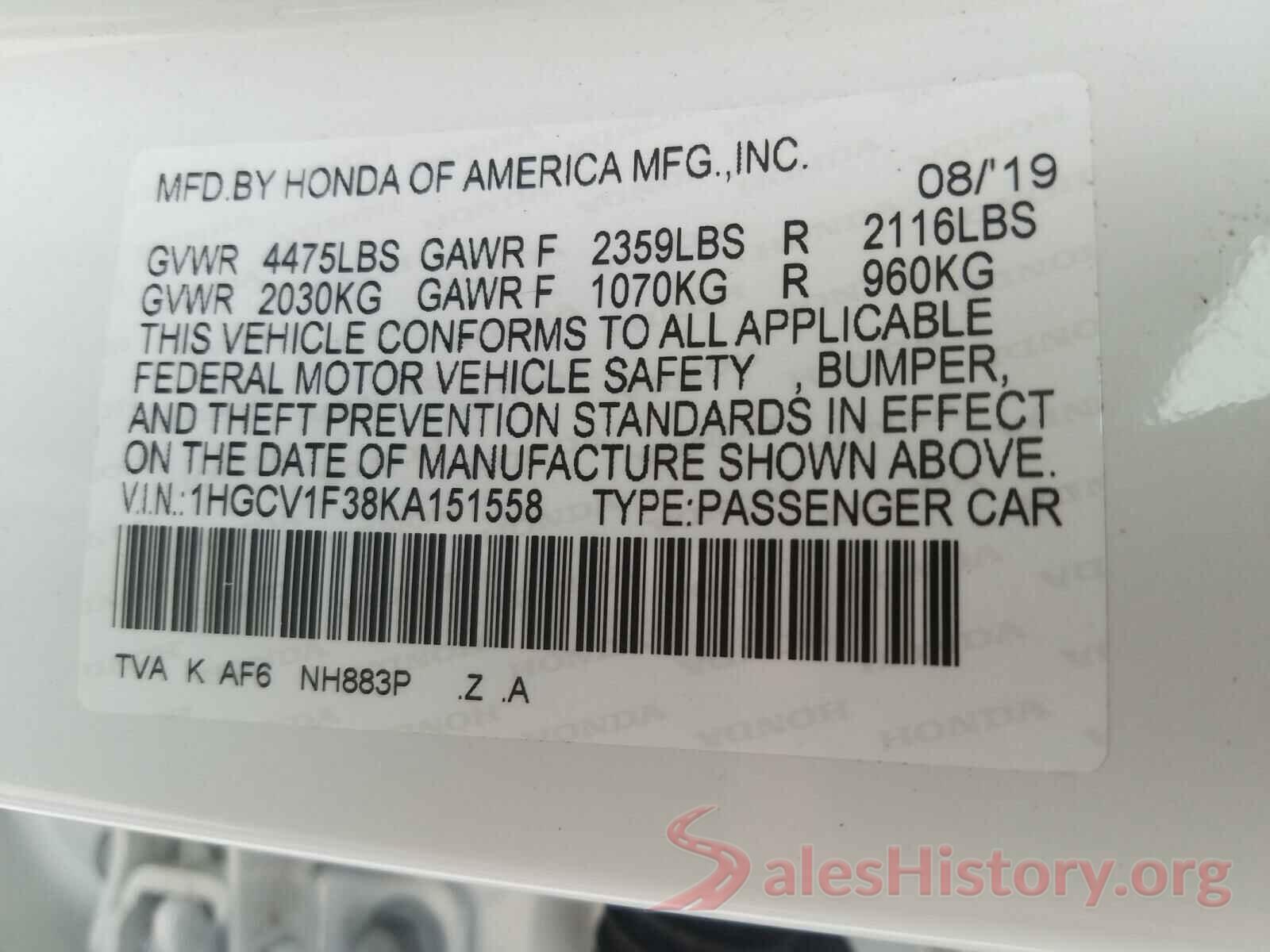 1HGCV1F38KA151558 2019 HONDA ACCORD