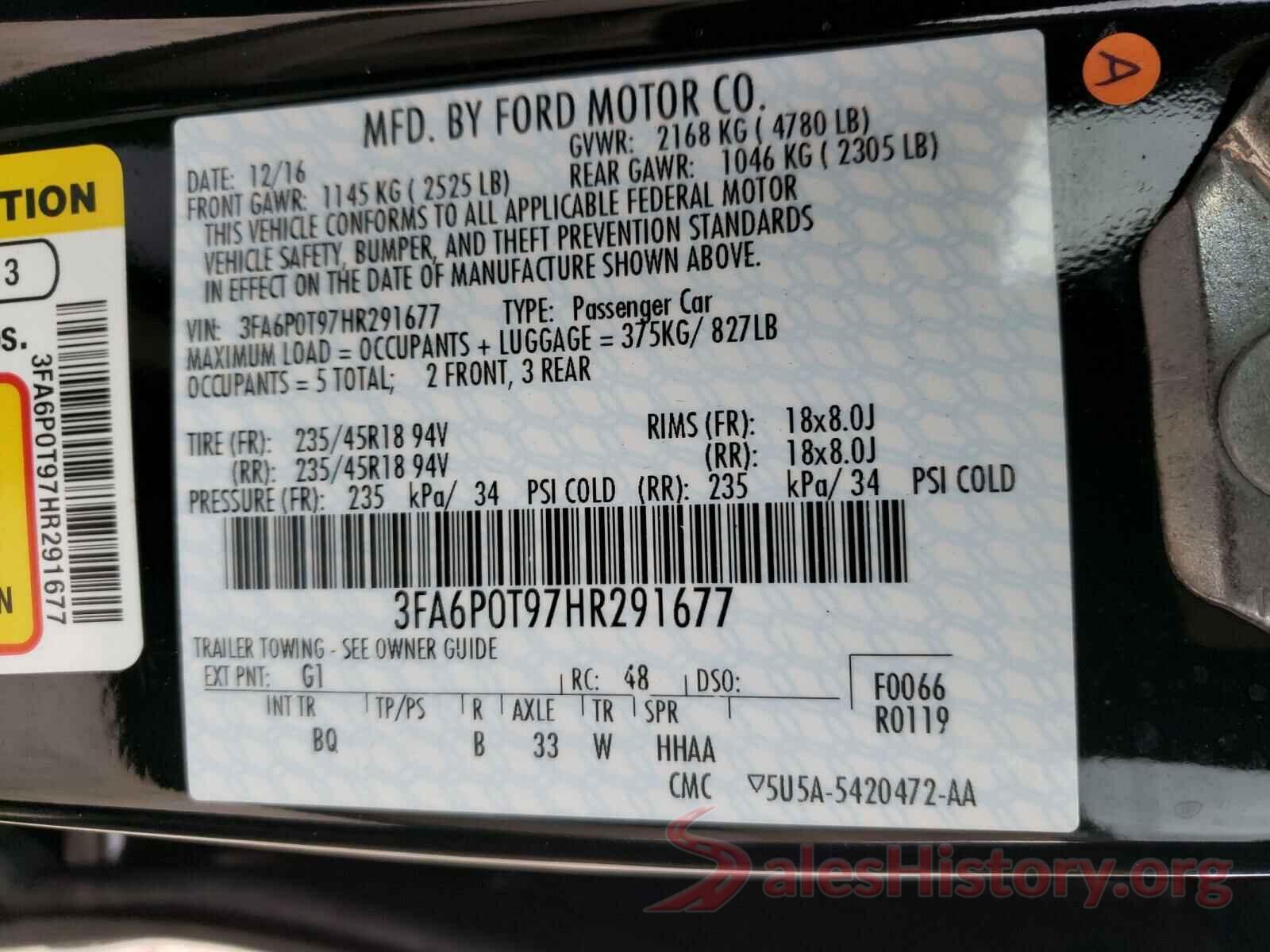 3FA6P0T97HR291677 2017 FORD FUSION