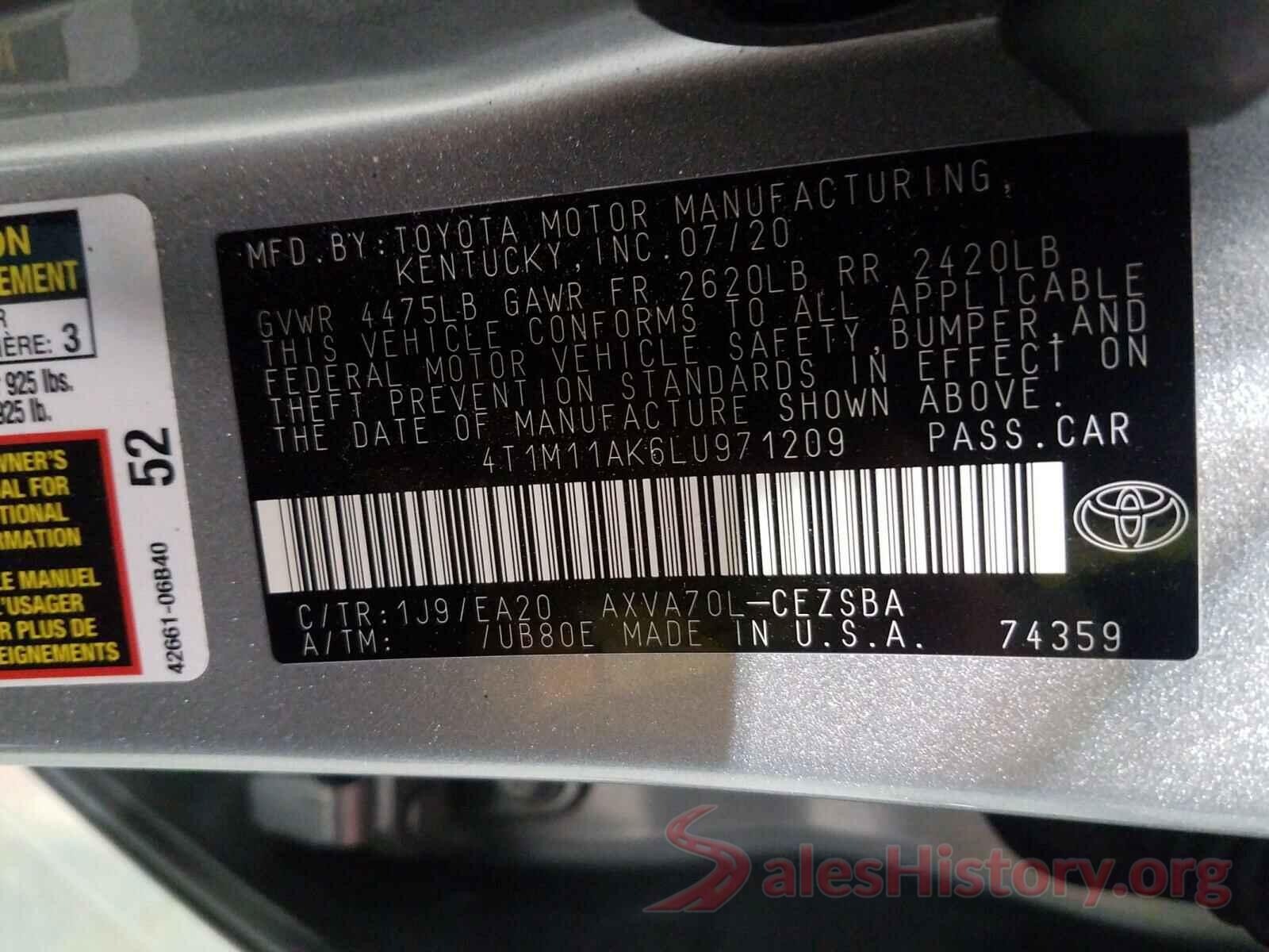 4T1M11AK6LU971209 2020 TOYOTA CAMRY