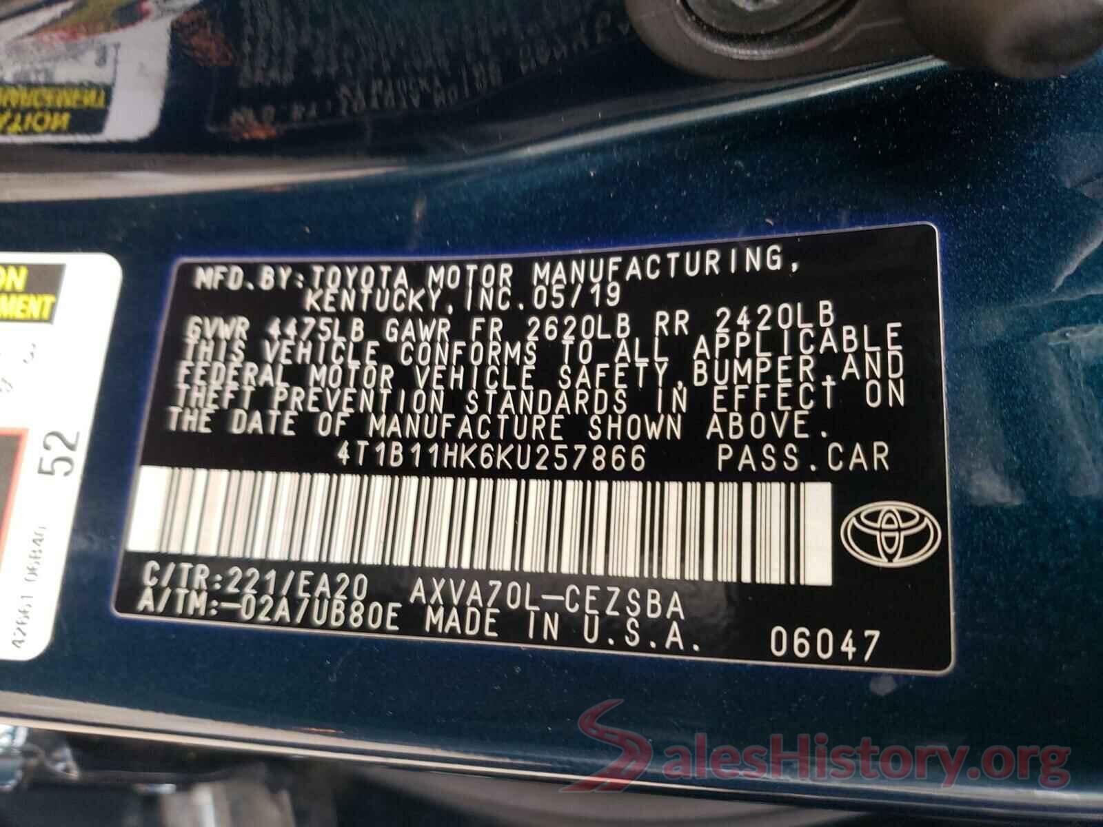 4T1B11HK6KU257866 2019 TOYOTA CAMRY