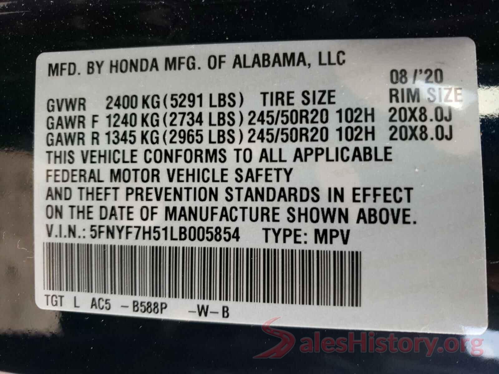 5FNYF7H51LB005854 2020 HONDA PASSPORT