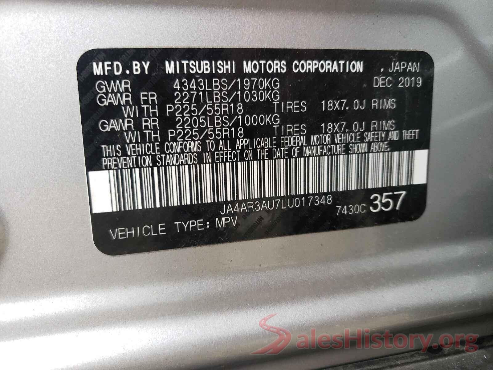 JA4AR3AU7LU017348 2020 MITSUBISHI OUTLANDER