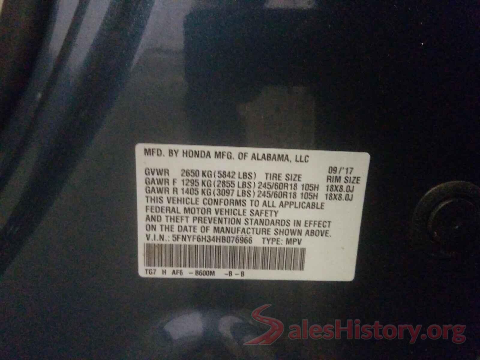 5FNYF6H34HB076966 2017 HONDA PILOT