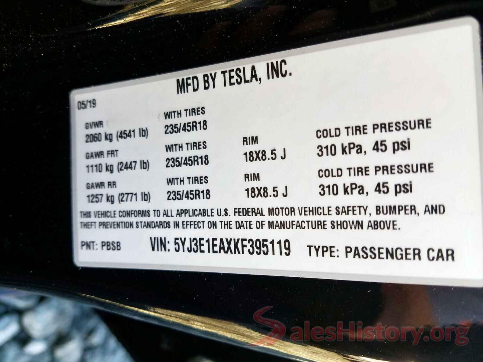 5YJ3E1EAXKF395119 2019 TESLA MODEL 3