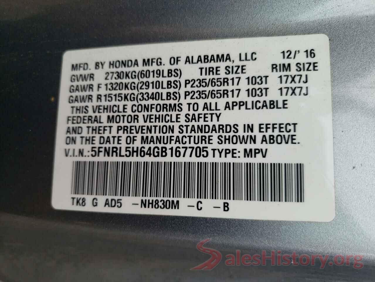 5FNRL5H64GB167705 2016 HONDA ODYSSEY