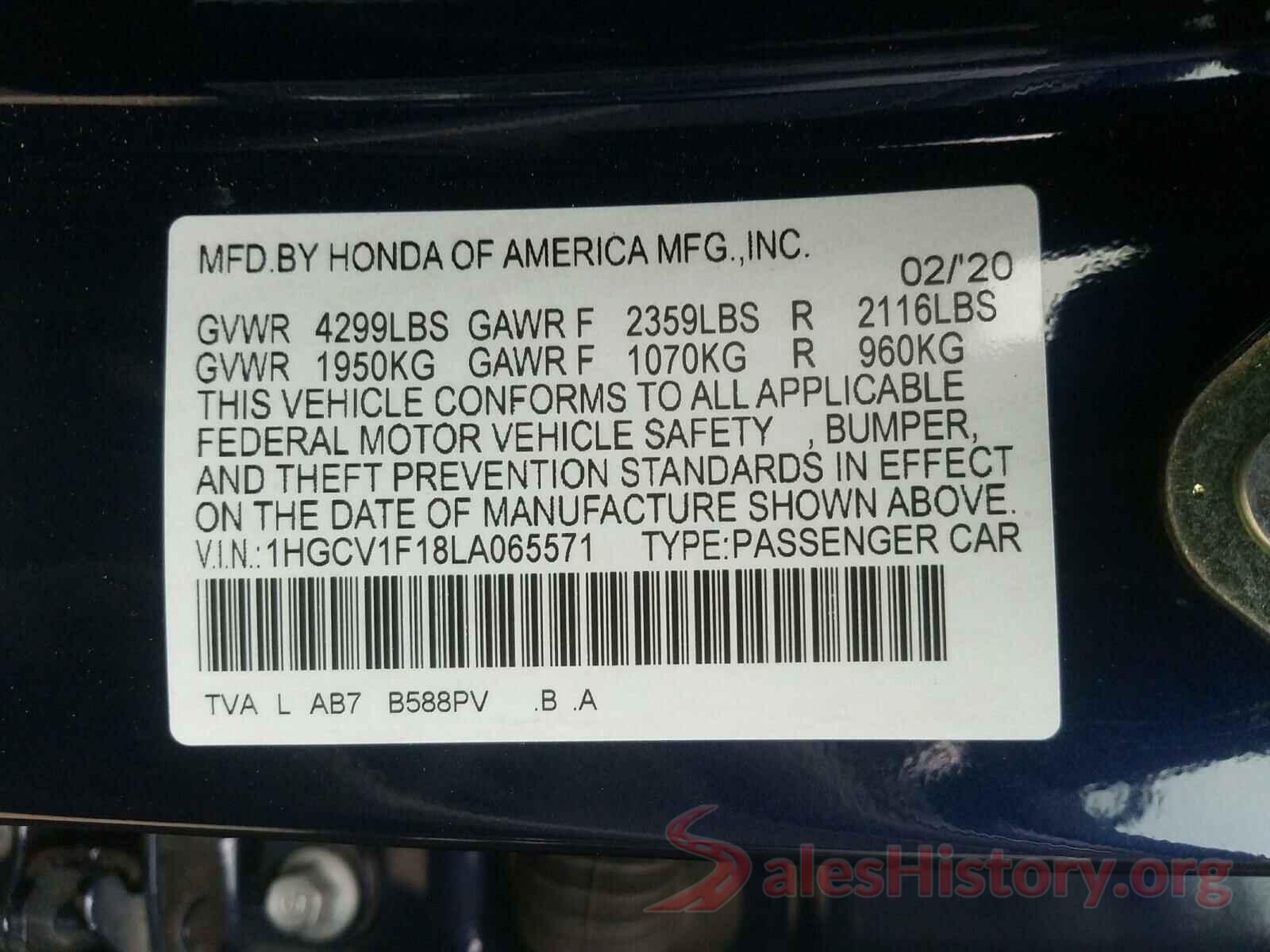 1HGCV1F18LA065571 2020 HONDA ACCORD