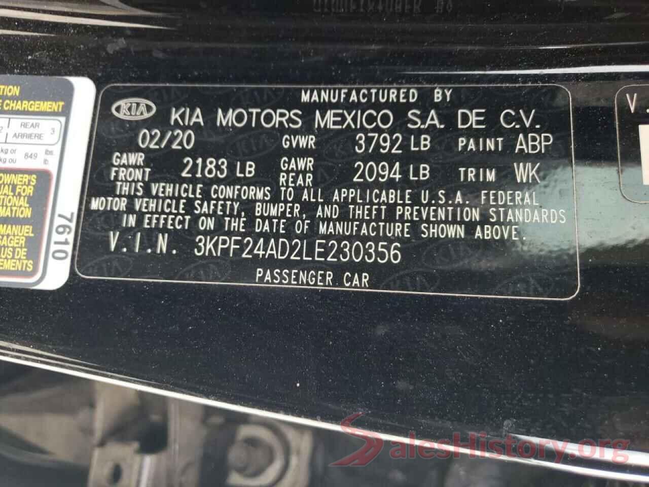 3KPF24AD2LE230356 2020 KIA FORTE