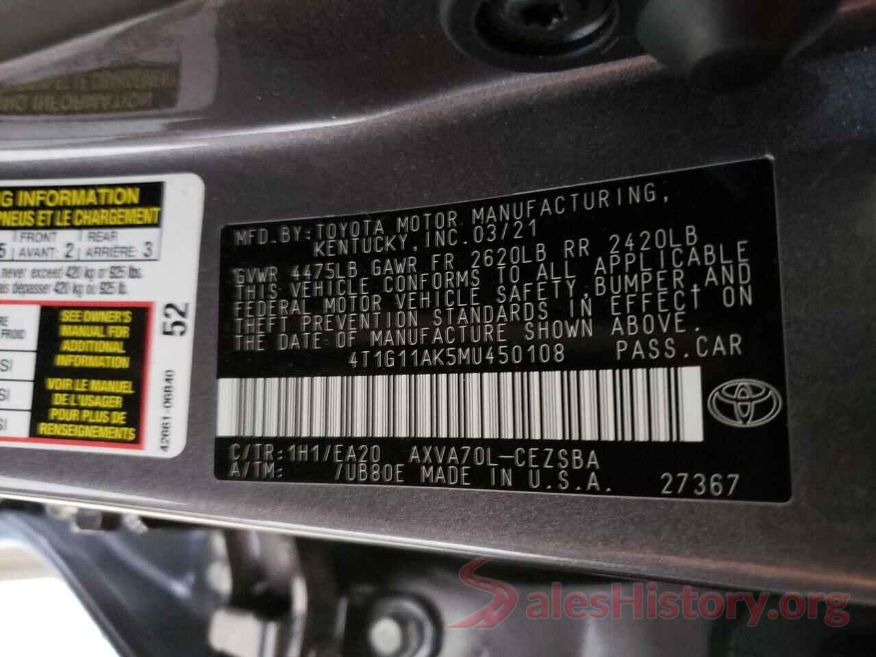 4T1G11AK5MU450108 2021 TOYOTA CAMRY