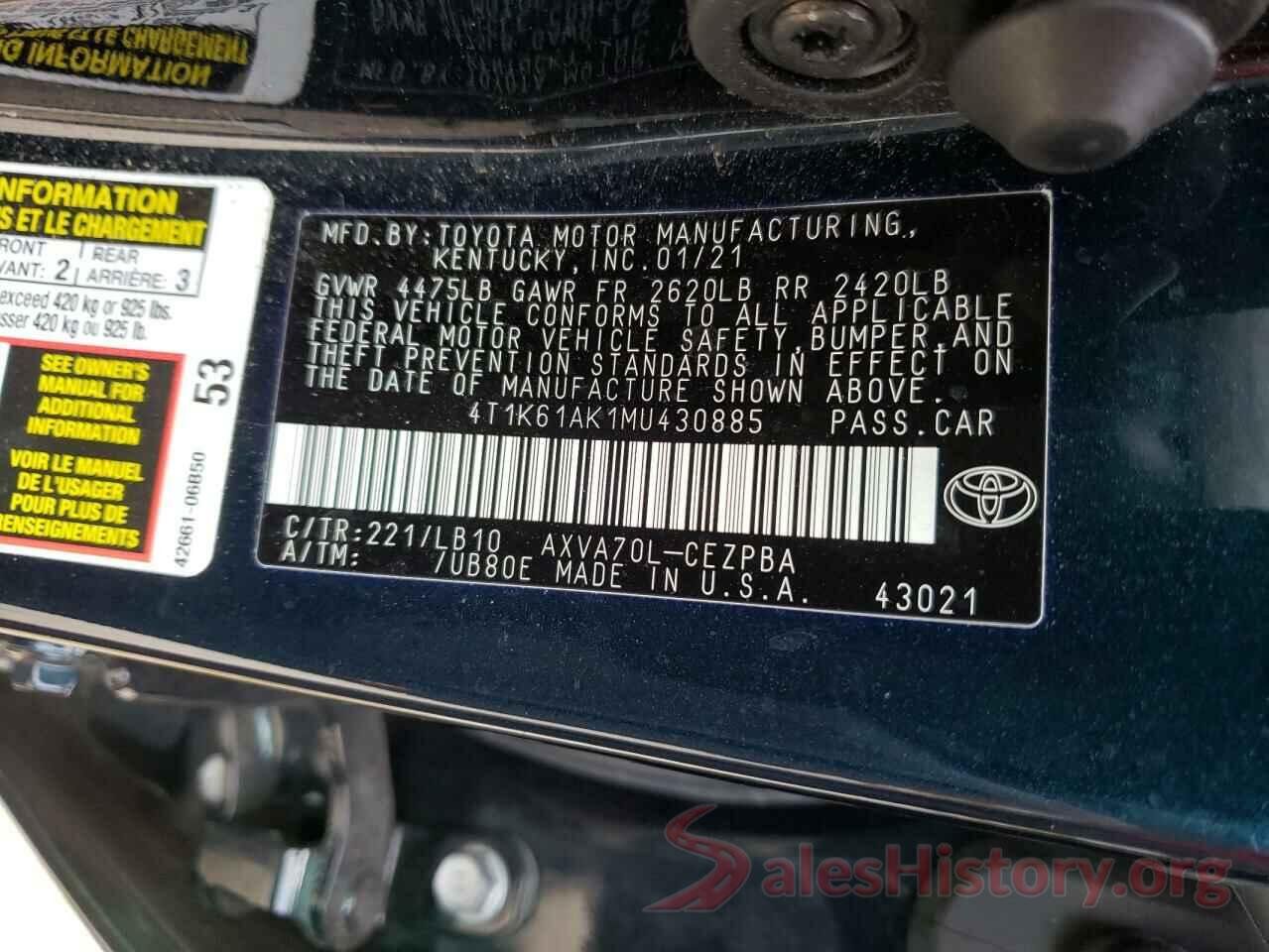 4T1K61AK1MU430885 2021 TOYOTA CAMRY