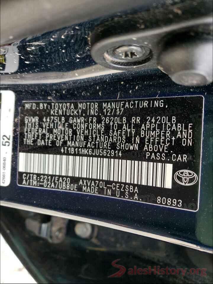 4T1B11HK6JU562914 2018 TOYOTA CAMRY