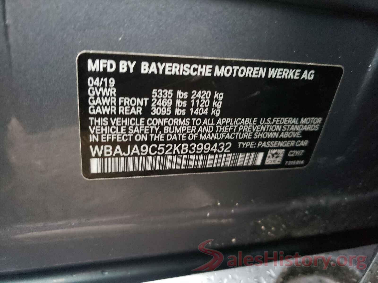 WBAJA9C52KB399432 2019 BMW 5 SERIES