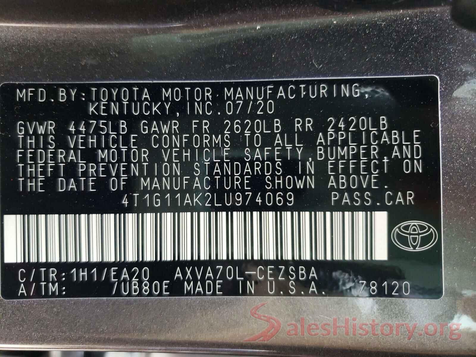 4T1G11AK2LU974069 2020 TOYOTA CAMRY