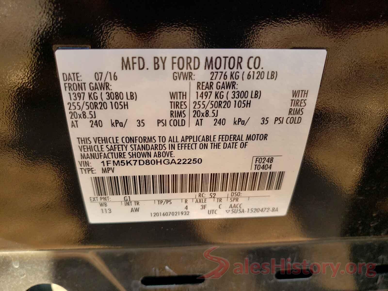 1FM5K7D80HGA22250 2017 FORD EXPLORER