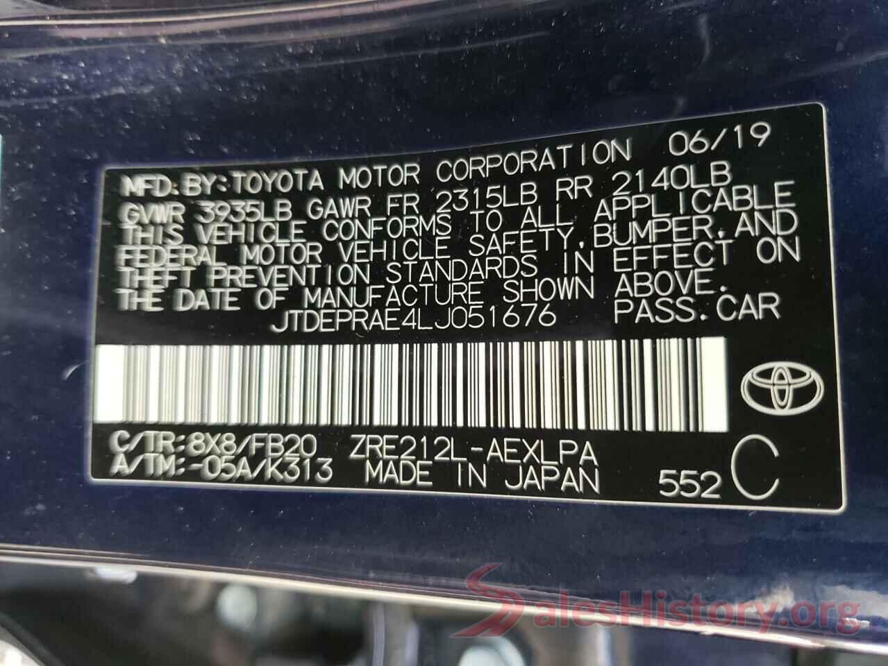 JTDEPRAE4LJ051676 2020 TOYOTA COROLLA