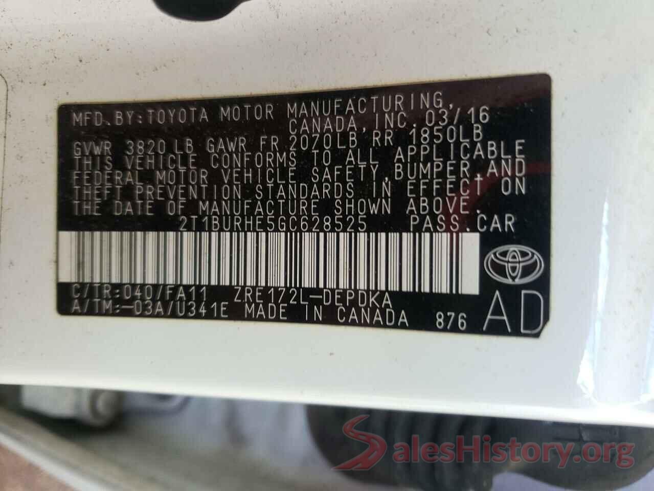 2T1BURHE5GC628525 2016 TOYOTA COROLLA