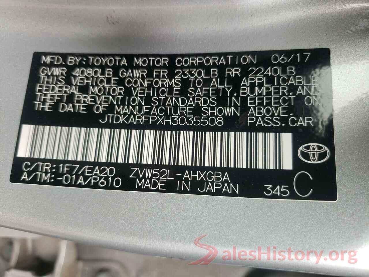 JTDKARFPXH3035508 2017 TOYOTA PRIUS