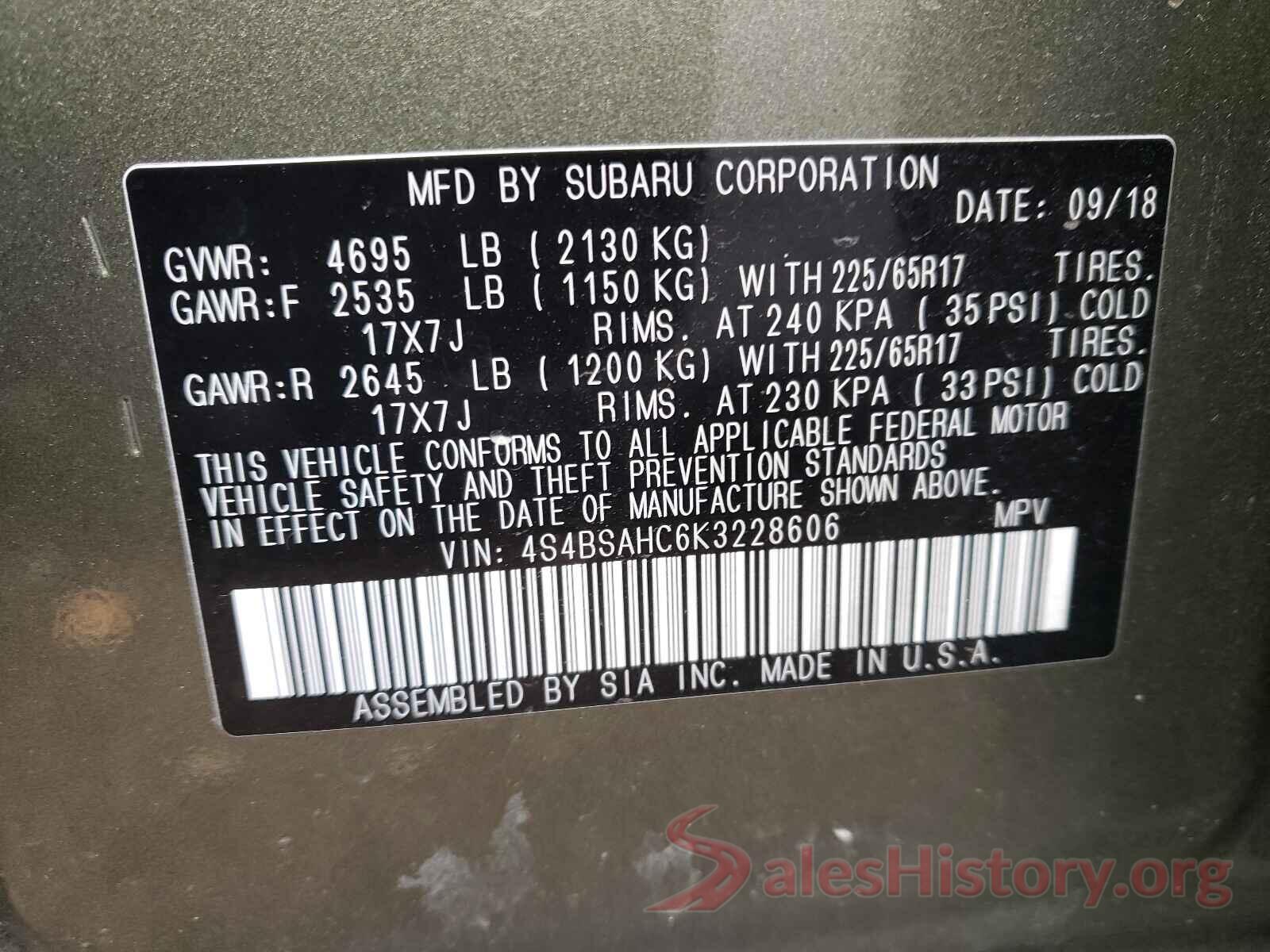 4S4BSAHC6K3228606 2019 SUBARU OUTBACK