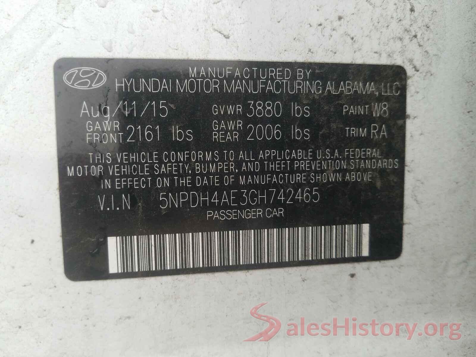 5NPDH4AE3GH742465 2016 HYUNDAI ELANTRA