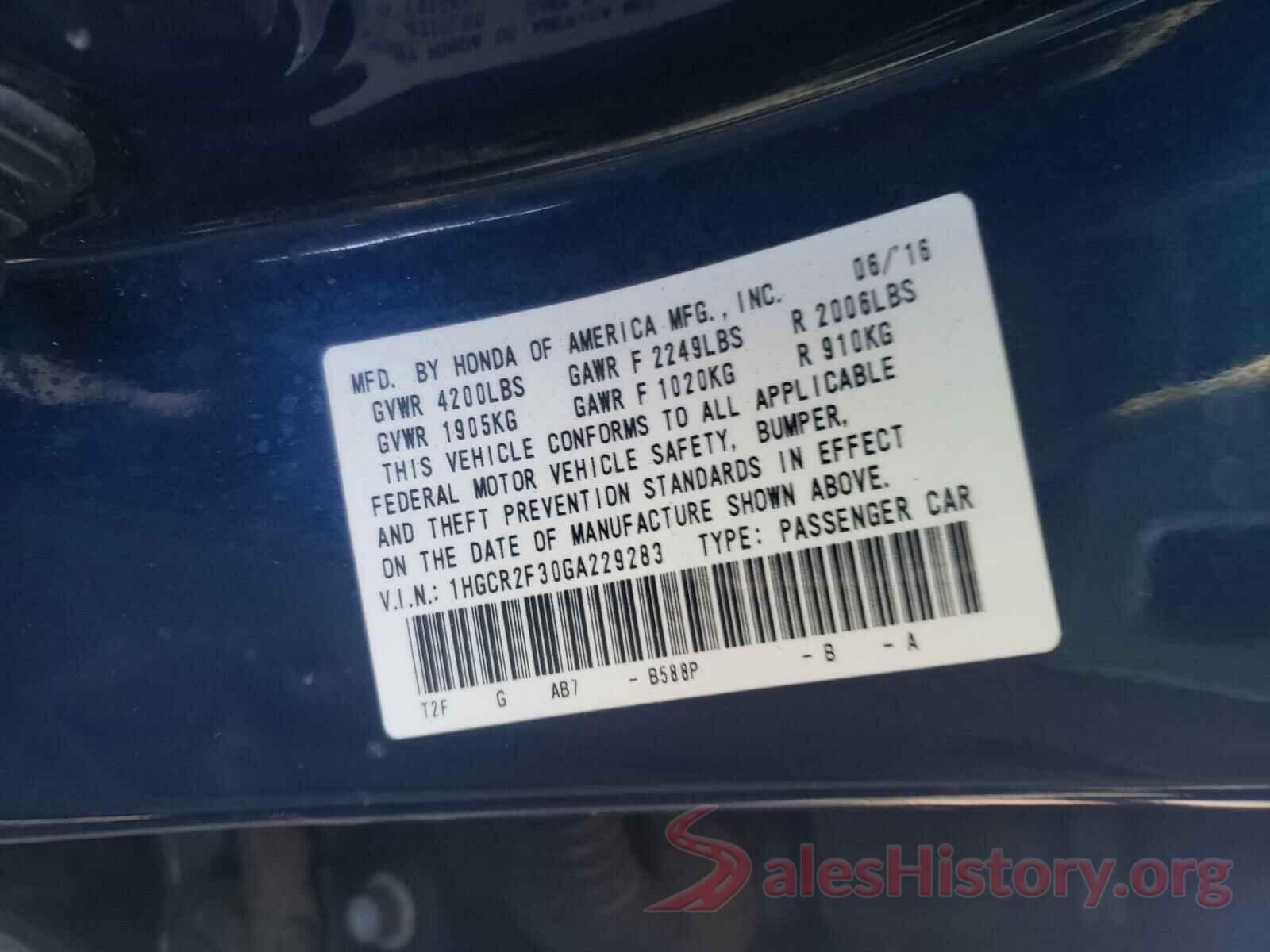 1HGCR2F30GA229283 2016 HONDA ACCORD