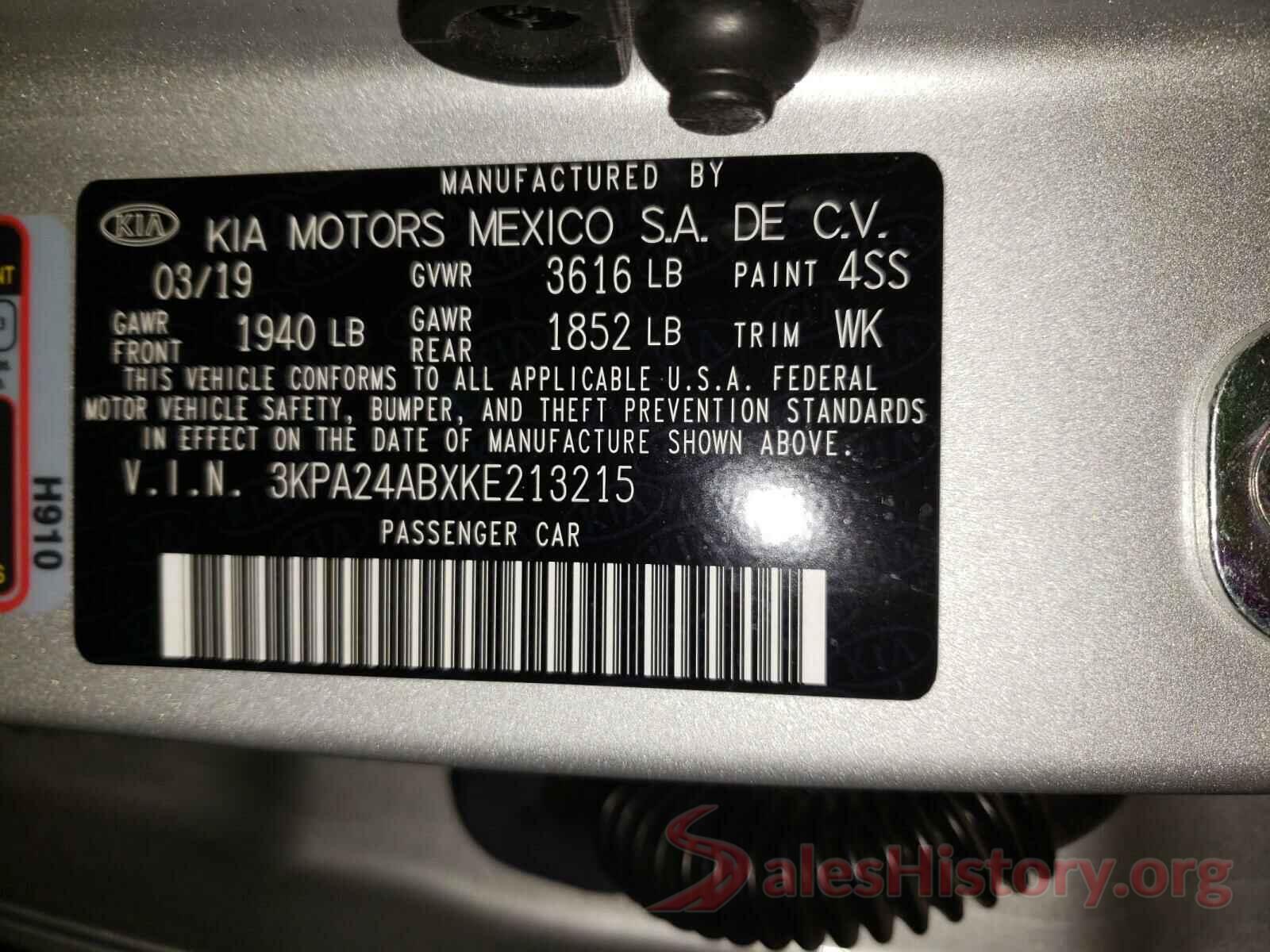 3KPA24ABXKE213215 2019 KIA RIO