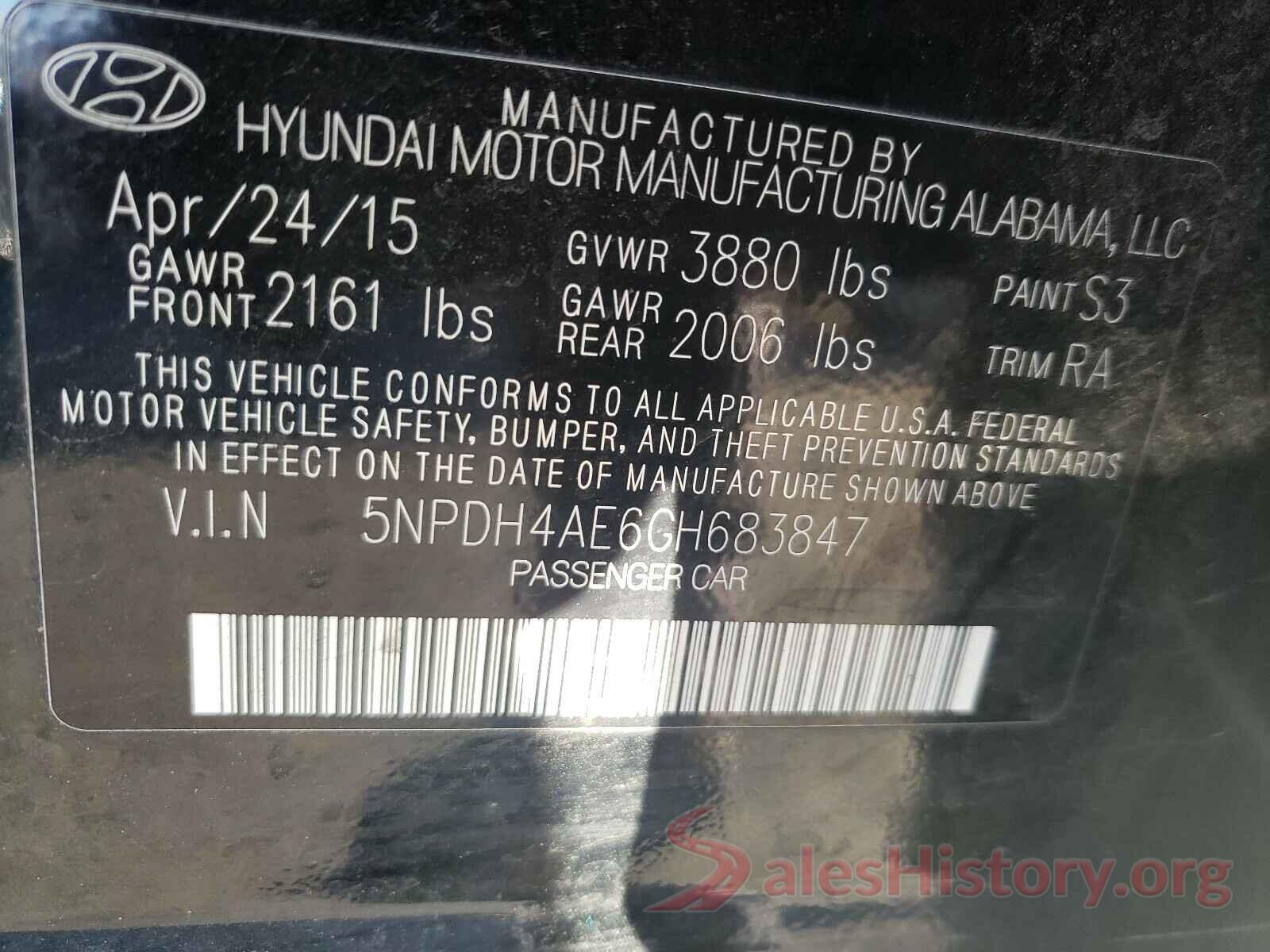 5NPDH4AE6GH683847 2016 HYUNDAI ELANTRA