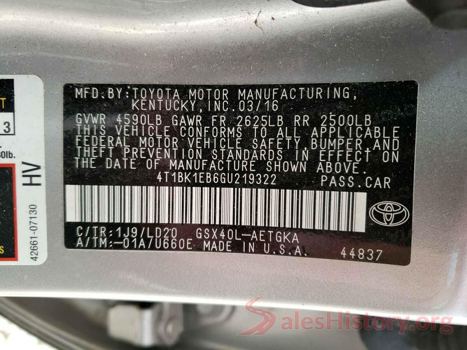 4T1BK1EB6GU219322 2016 TOYOTA AVALON