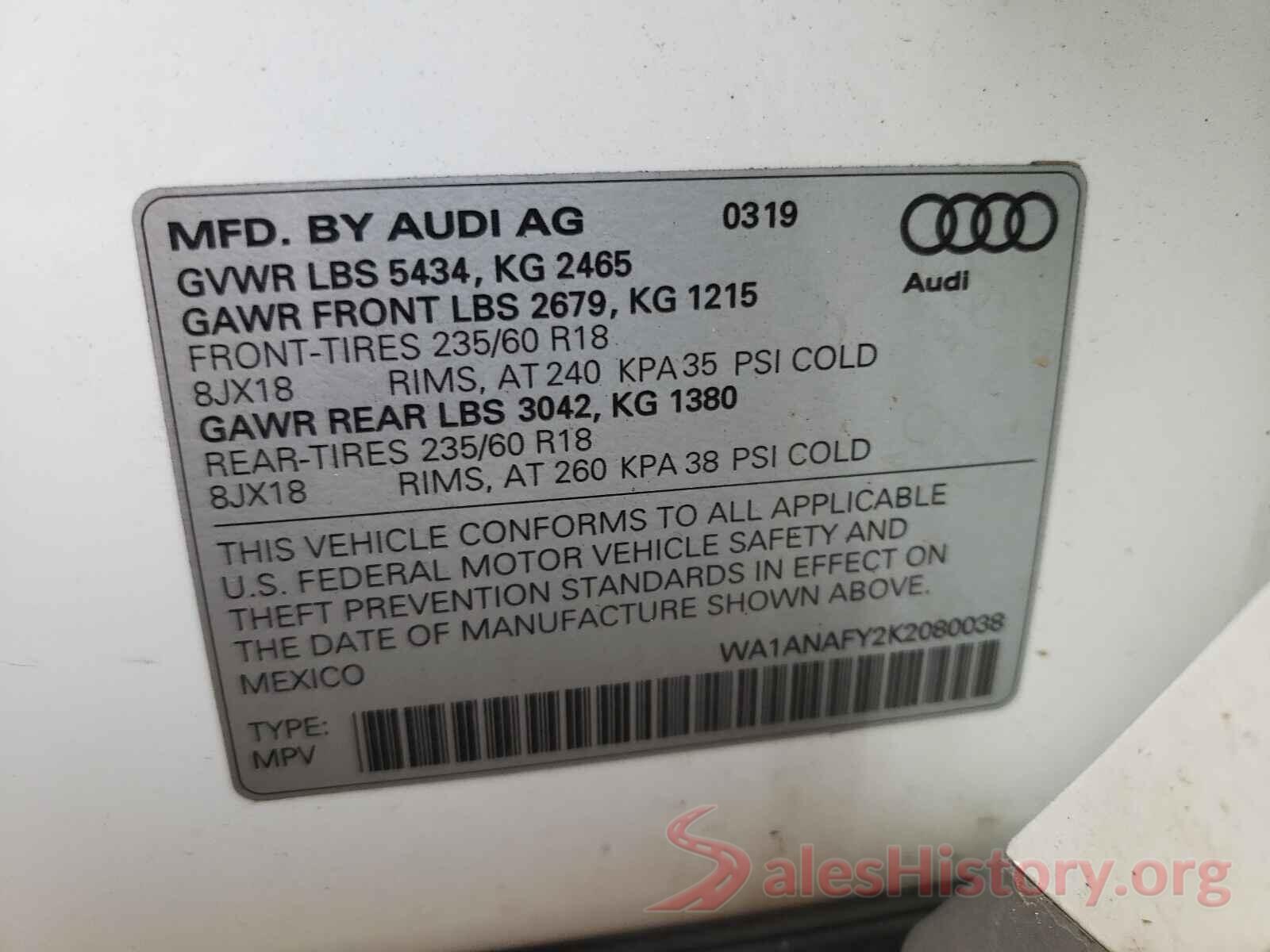 WA1ANAFY2K2080038 2019 AUDI Q5